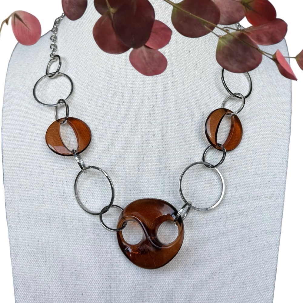 Modern Sculptural Tortoiseshell Acrylic Link Gunmetal Chain Statement Necklace